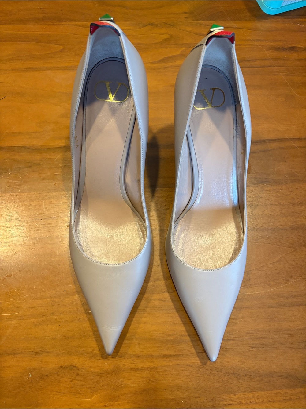 Valentino Light Beige Pointed-Toe Leather Pumps with Tricolor Heel Accent